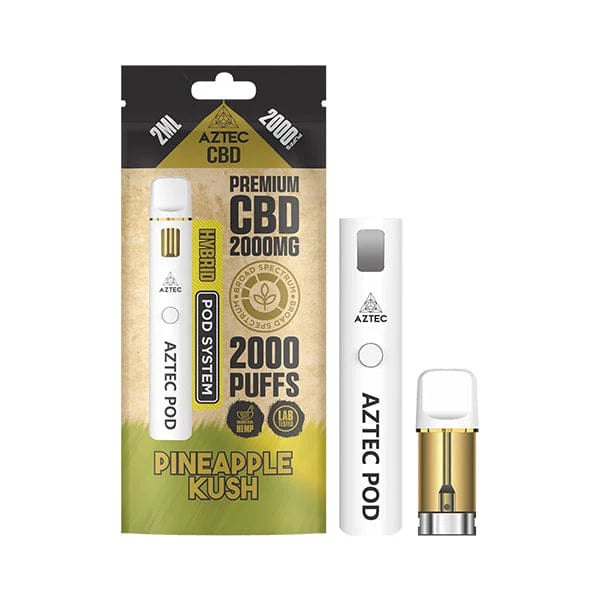Aztec CBD vape pod packaging with white vape pod on a white background