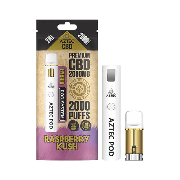 Aztec CBD vape pod packaging with white and gold design on a white background