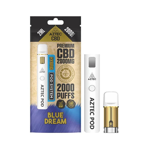 Aztec CBD vape pod packaging with white and gold design on a white background