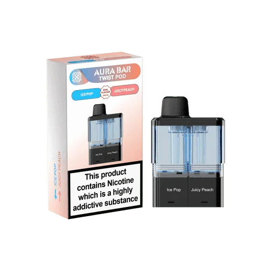 Aura Bar Twist pod packaging with nicotine warning label on a white background