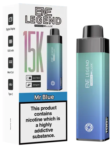 EVE Legend vape device and packaging with gradient blue design on a white background