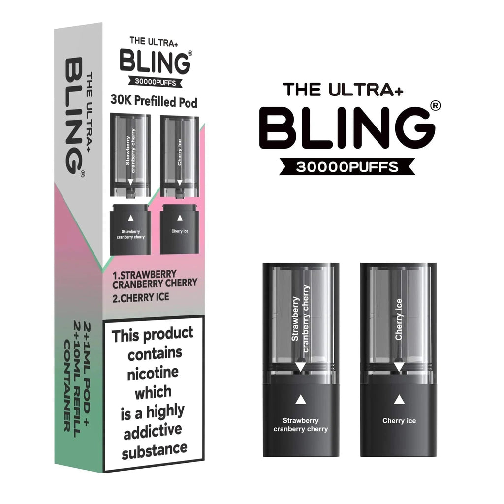 Bling vape device packaging with product details on a white background