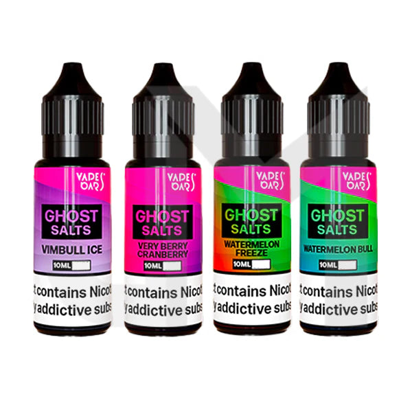 Four bottles of Vape Oak Ghost Salts e-liquid on a white background