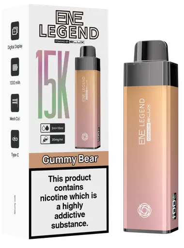 ELE Legend vape device and packaging with nicotine warning label on a white background