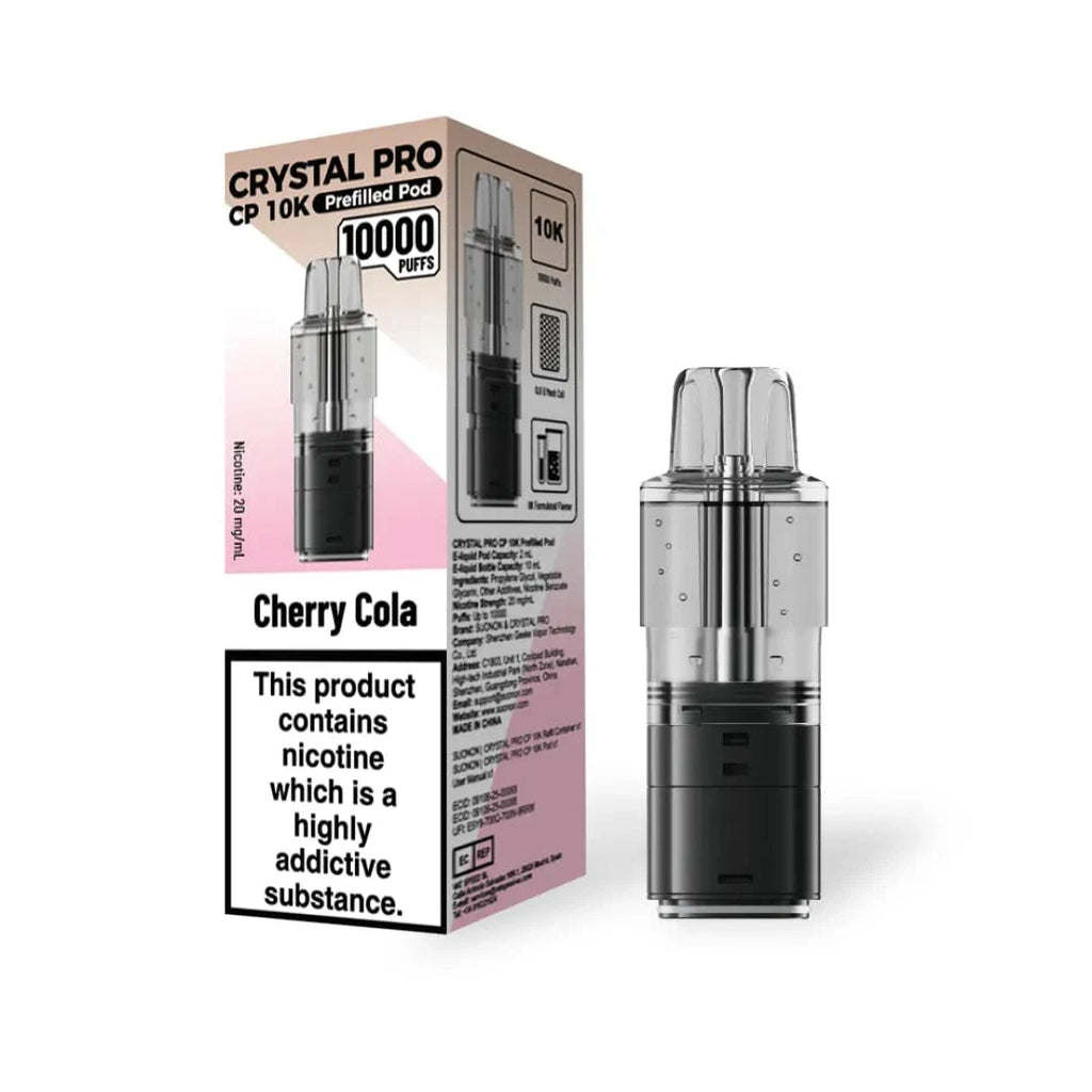 Vape device and packaging with cherry cola flavor on a white background