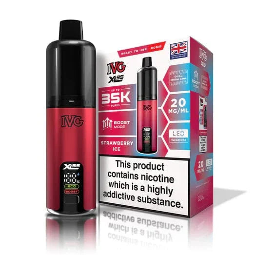Red IVG vaping device with packaging on a white background