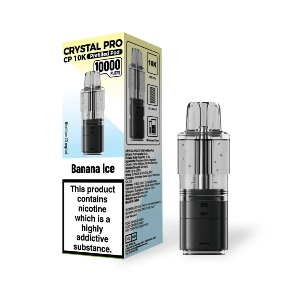 Vape device and packaging with 'Crystal Pro' branding on a white background