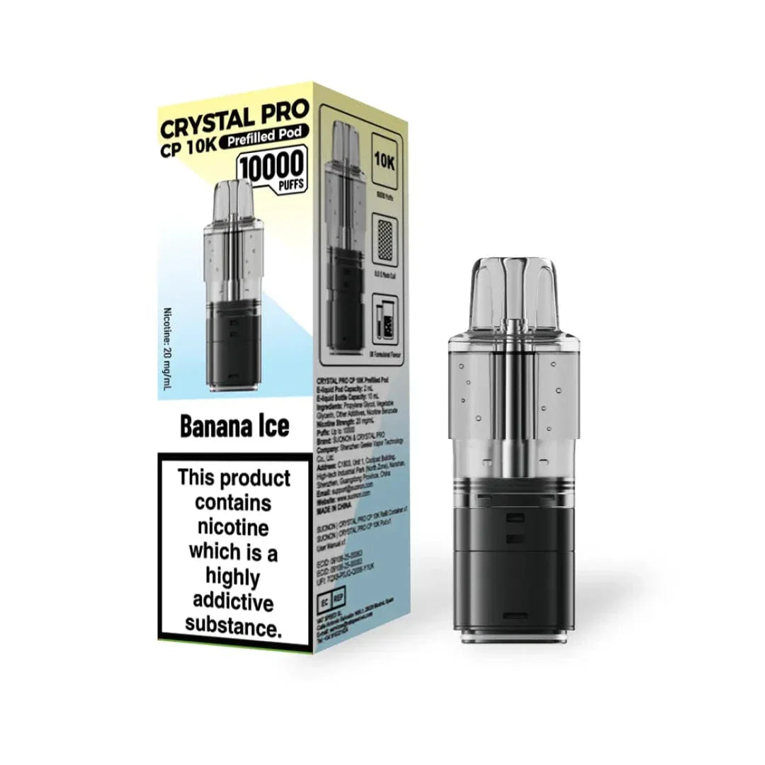 Vape device and packaging with 'Crystal Pro' branding on a white background