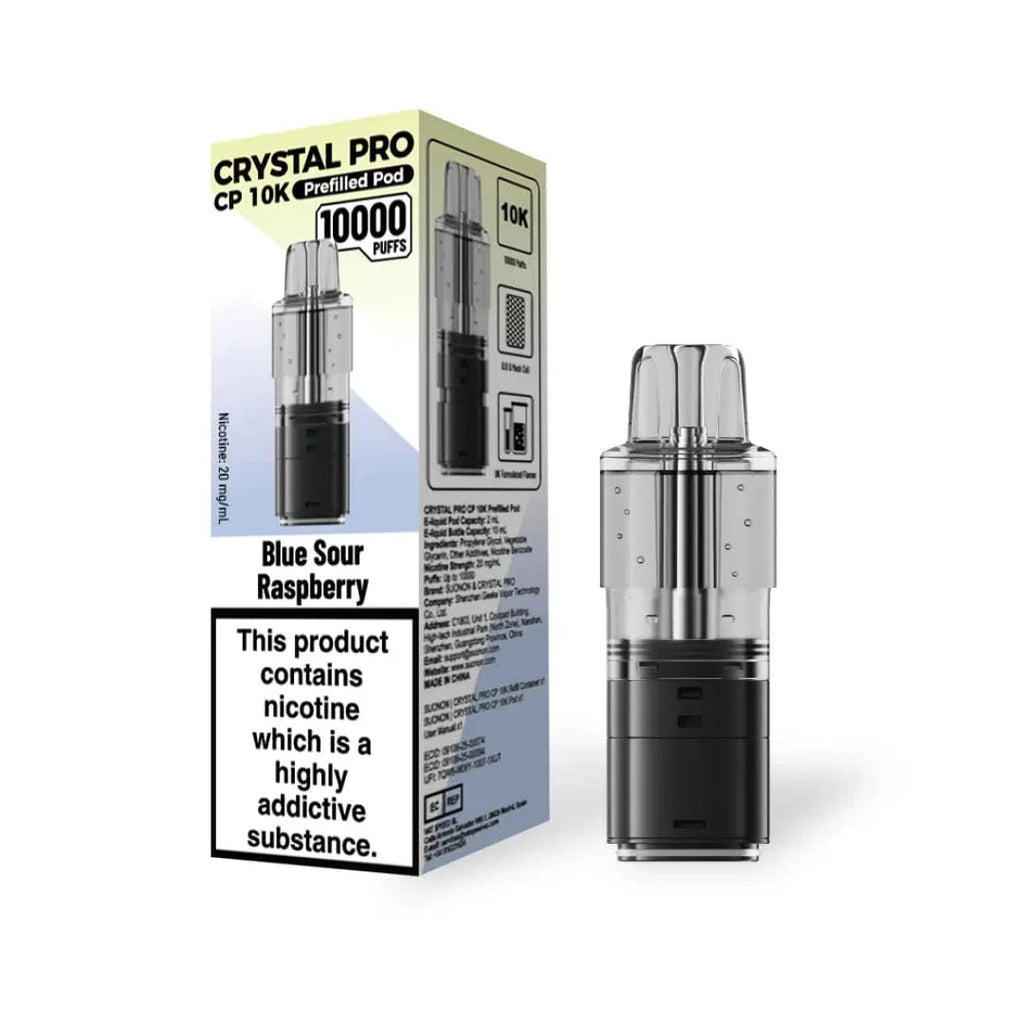 Vape device and packaging with 'Crystal Pro' branding on a white background