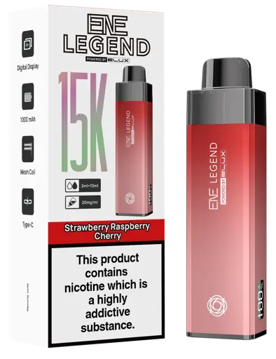 EVE Legend vape device and packaging with strawberry raspberry cherry flavor on a white background