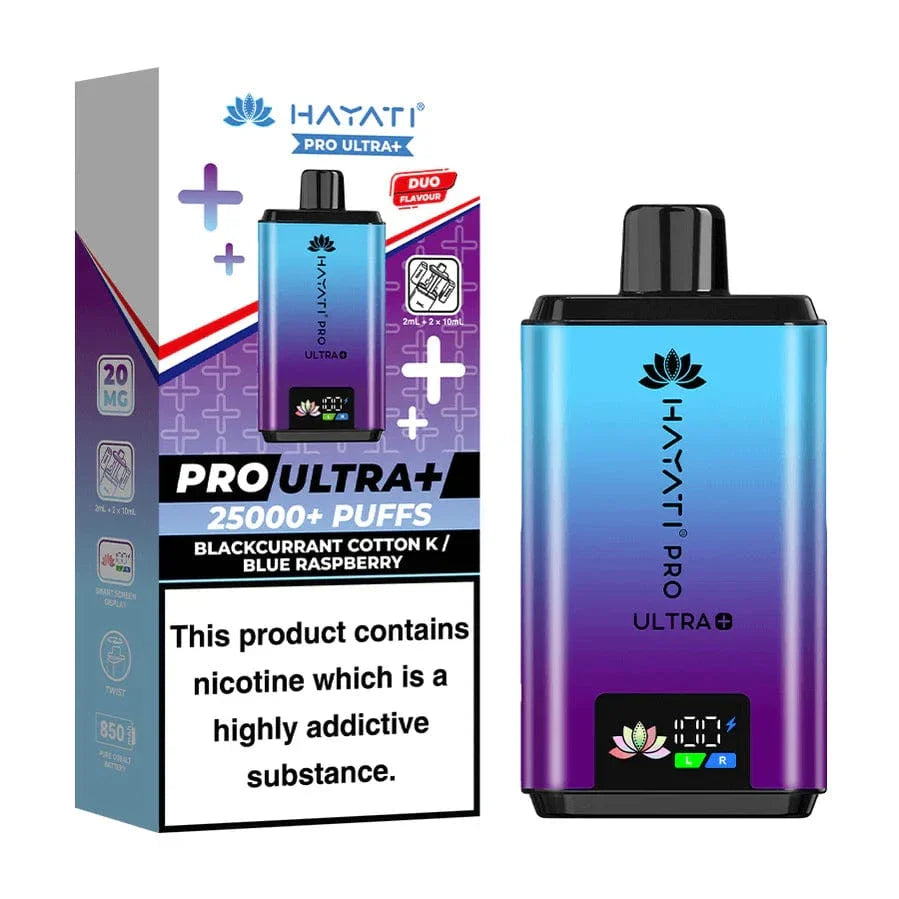 Hayati Pro Ultra+ vape device and packaging on a white background