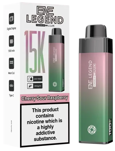 EVE Legend vape device and packaging with cherry sour raspberry flavor on a white background