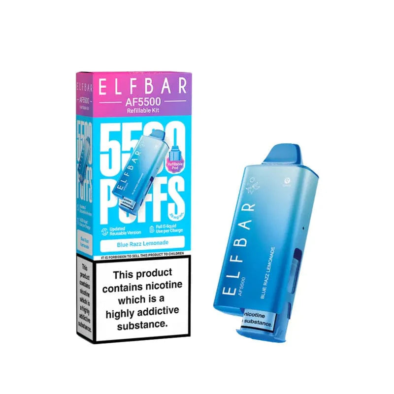 Elf Bar AF5000 refillable kit packaging with blue vape device on a white background