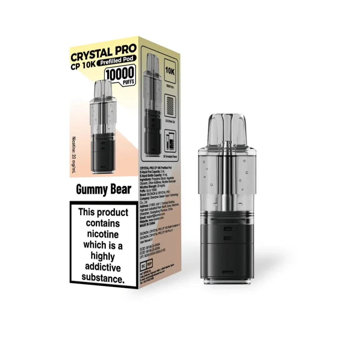 Vape pod packaging with 'Crystal Pro' branding on a white background
