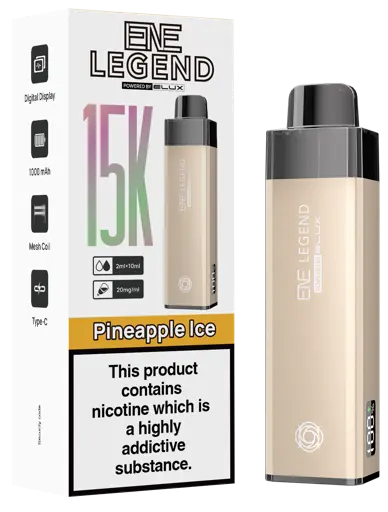 EVE Legend vape device and packaging with 'Pineapple Ice' flavor on a white background