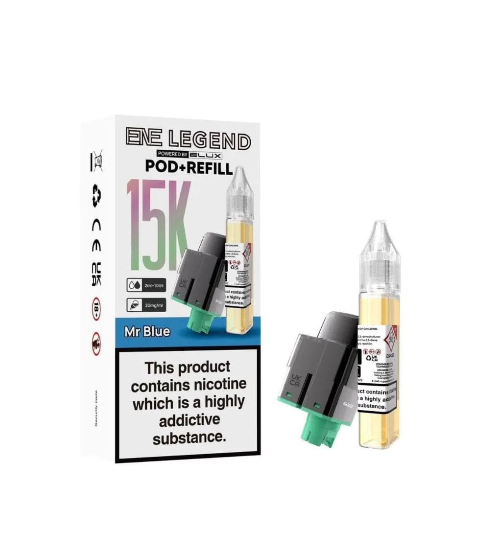 E-liquid pod and refill packaging with nicotine warning label on a white background