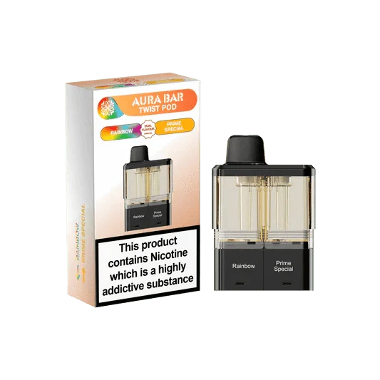 Aura Bar Twist pod packaging with nicotine warning label on a white background