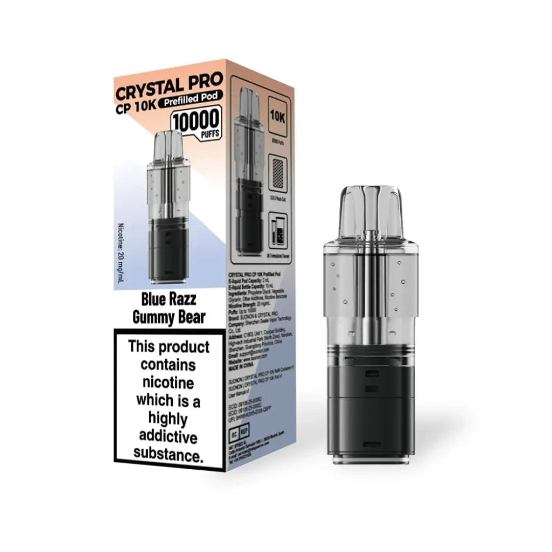 Vape device and packaging with 'Crystal Pro' branding on a white background