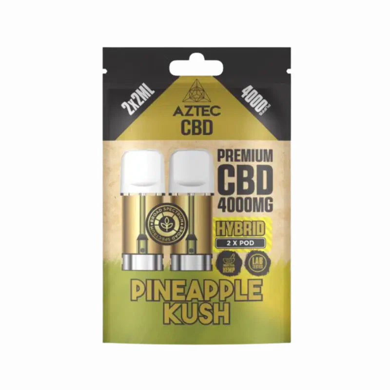 Aztec CBD vape pod packaging with 'Pineapple Kush' flavor on a white background