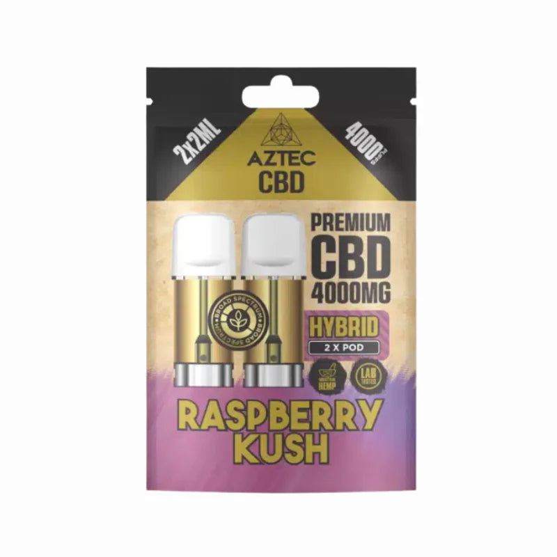 Aztec CBD vape pod packaging with raspberry kush flavor on a white background