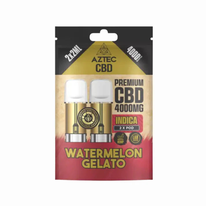 Aztec CBD vape pod packaging with watermelon gelato flavor on a white background