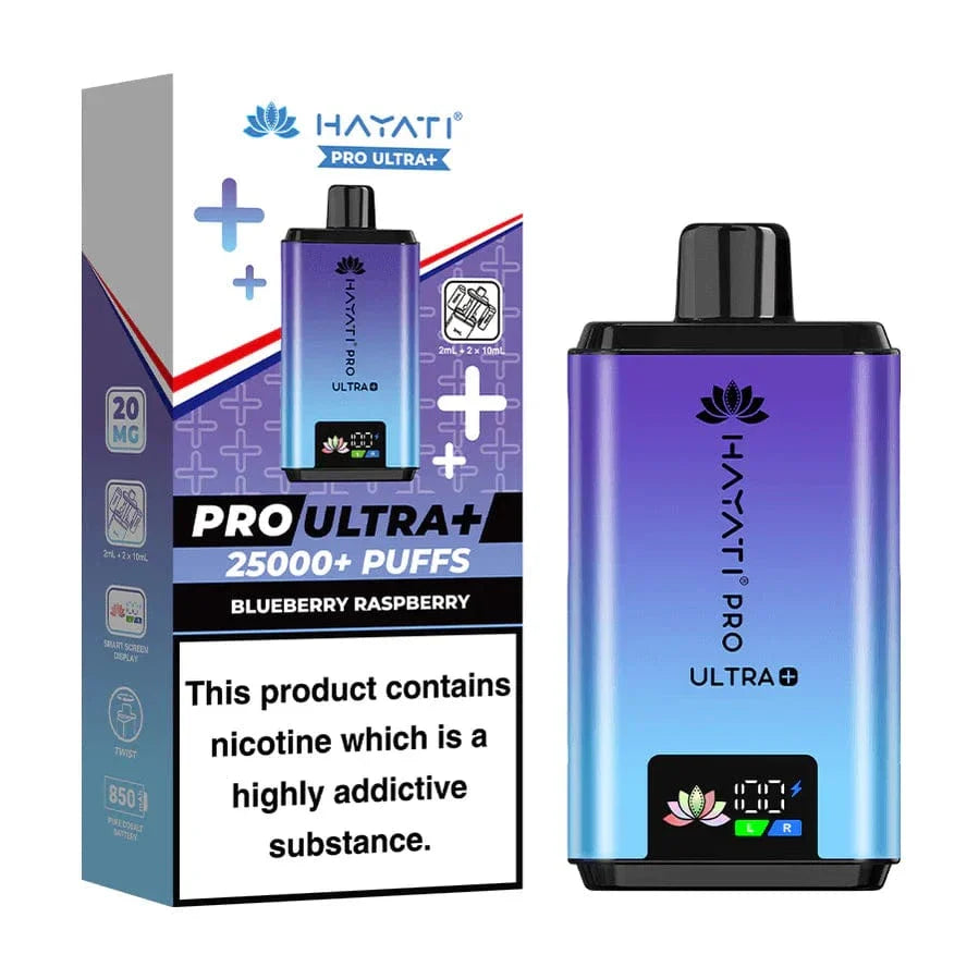 Hayati Pro Ultra+ vape device and packaging on a white background