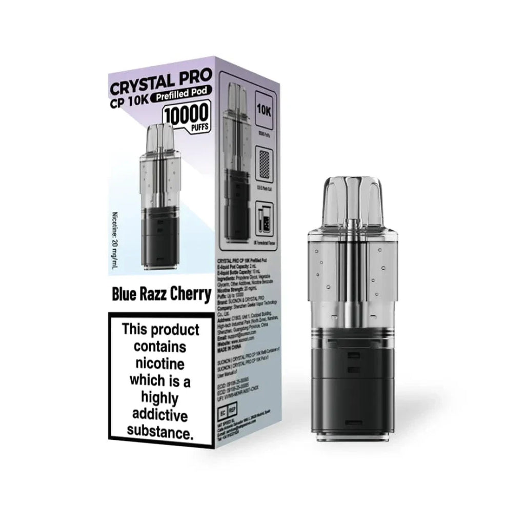 Vape pod packaging with 'Crystal Pro' branding on a white background