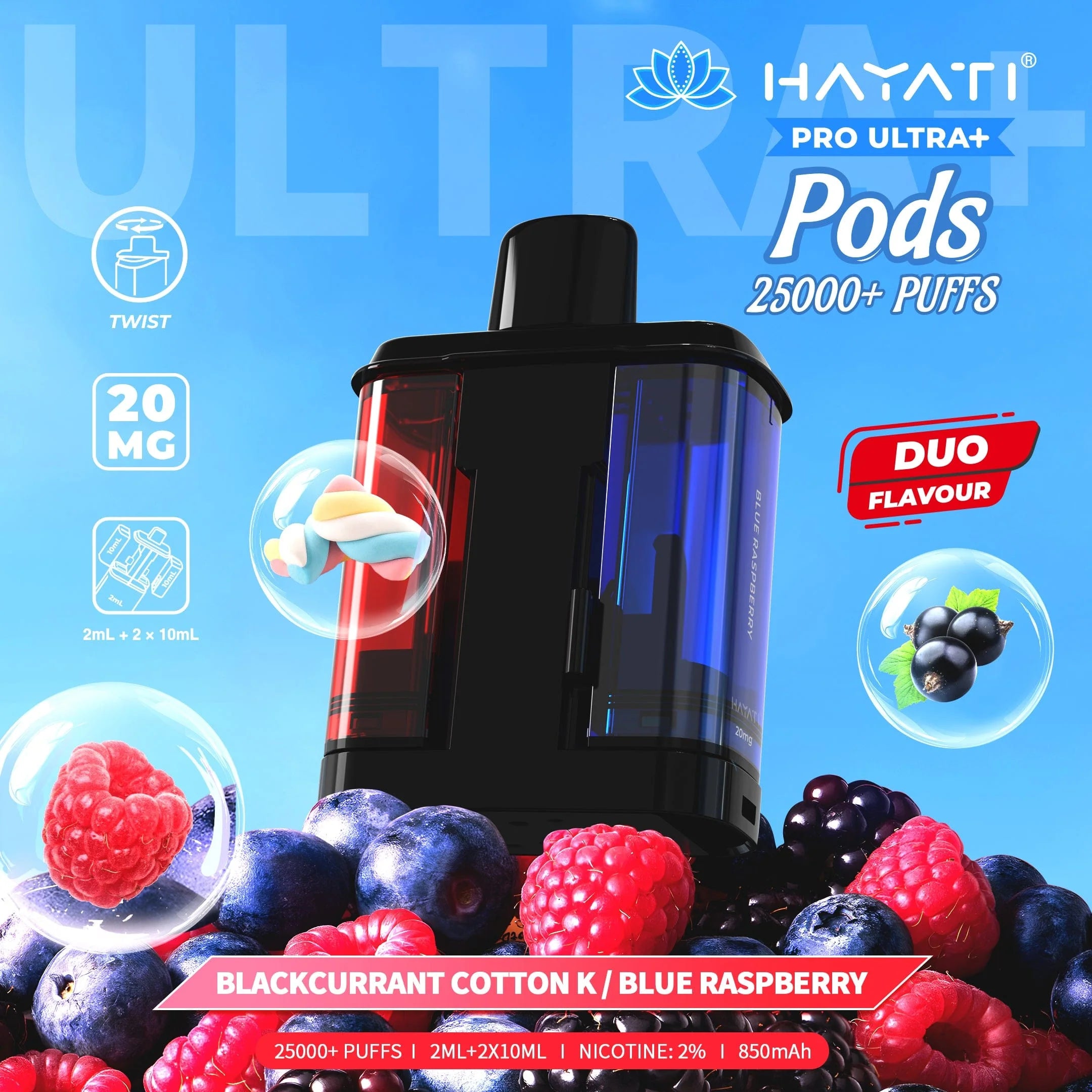 Vape pod with blackcurrant cotton and blue raspberry flavor on a blue background