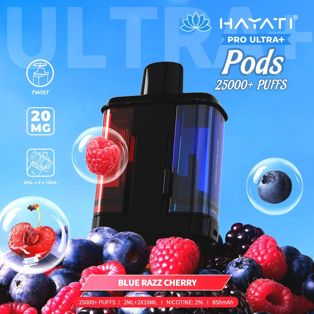 Hayati Pro Ultra+ Pods packaging with berries and product details on a blue background