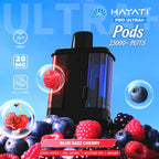 Hayati Pro Ultra+ Pods packaging with berries and product details on a blue background
