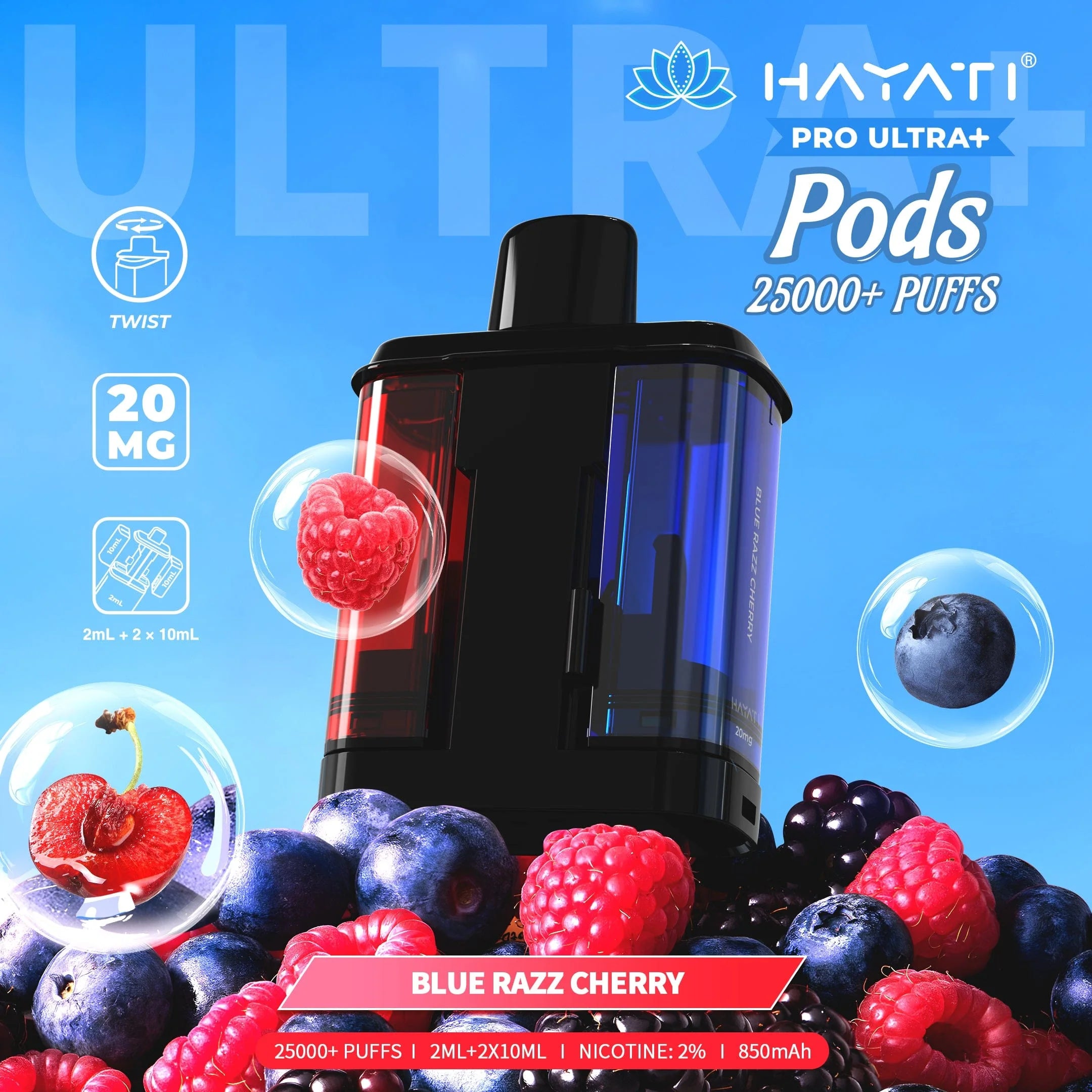 Hayati Pro Ultra+ Pods packaging with berries and product details on a blue background