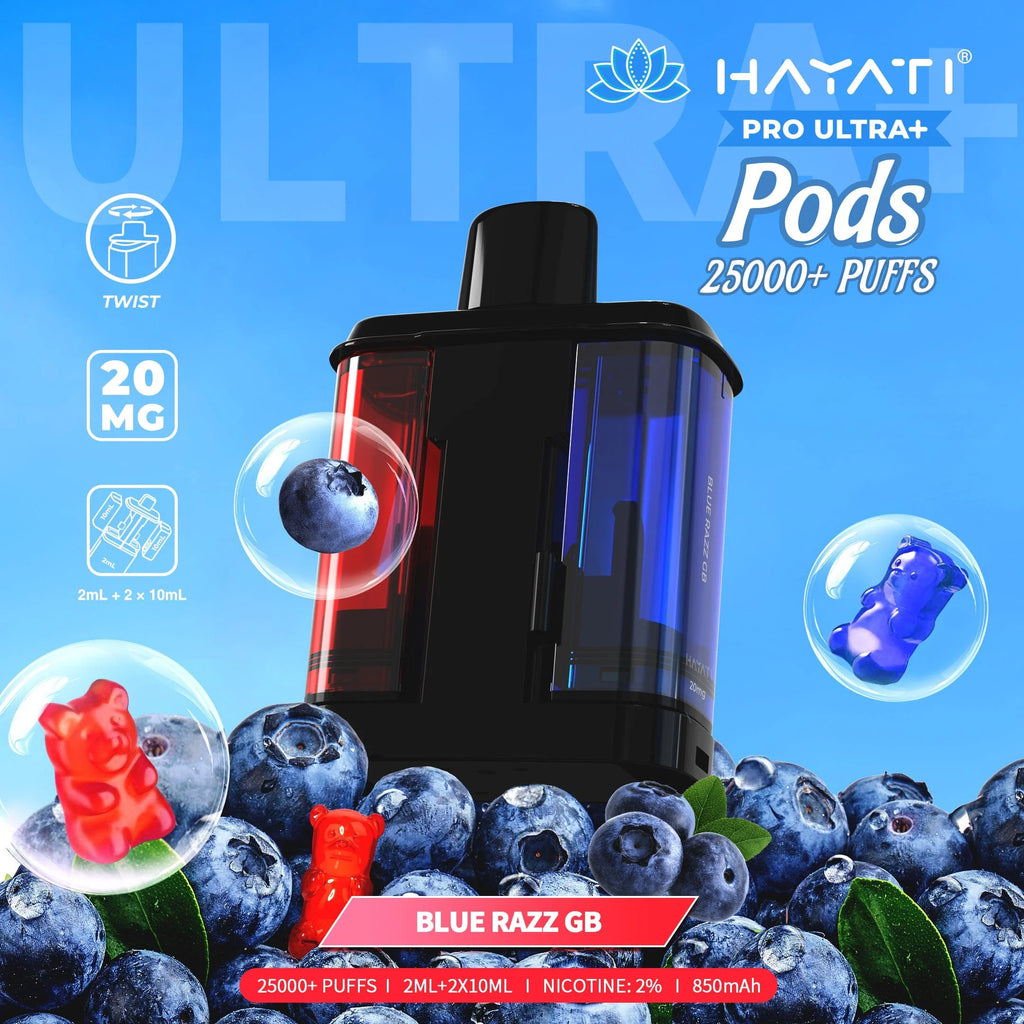 Hayati Pro Ultra+ Pods packaging with blueberries and gummy bears on a blue background