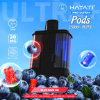 Hayati Pro Ultra+ Pods packaging with blueberries and gummy bears on a blue background