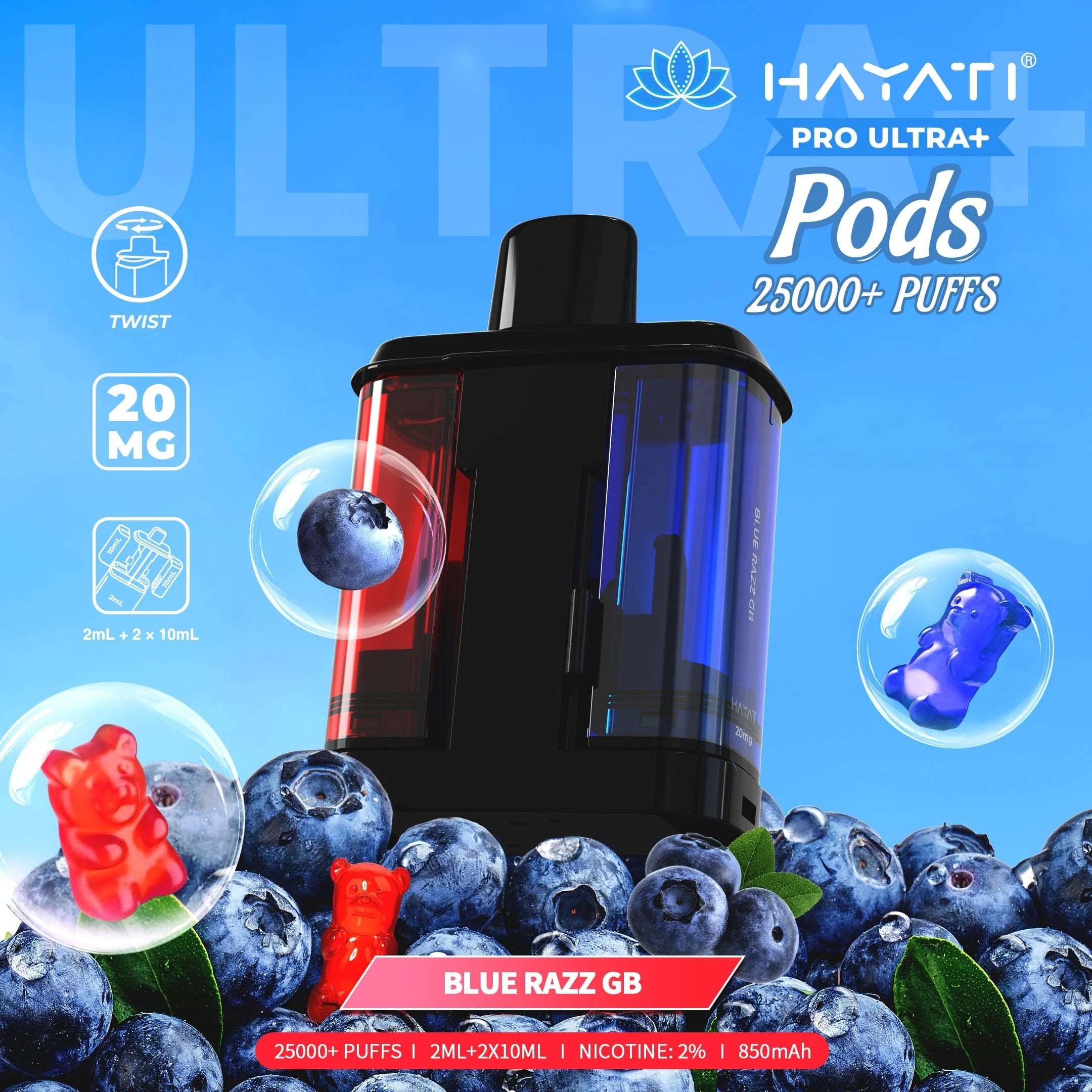 Hayati Pro Ultra+ Pods packaging with blueberries and gummy bears on a blue background