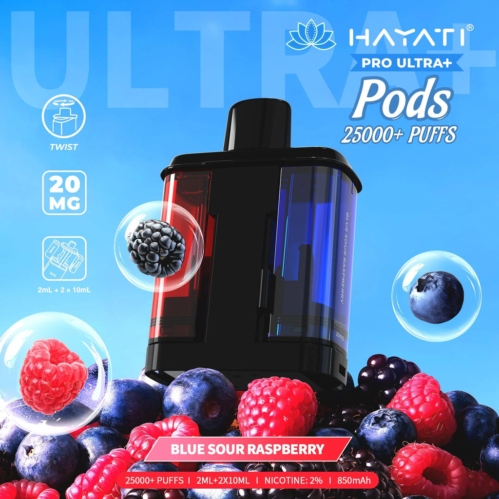 Vape pod with blue and red berries on a blue background, featuring Hayati branding.