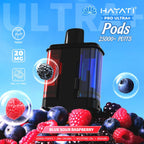Vape pod with blue and red berries on a blue background, featuring Hayati branding.