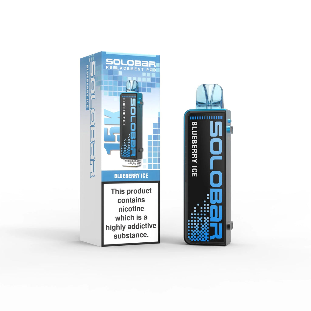 Solobar Blueberry Ice vape device and packaging on a white background