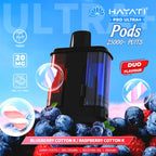 Vape pod packaging with blueberries and colorful design on a blue background