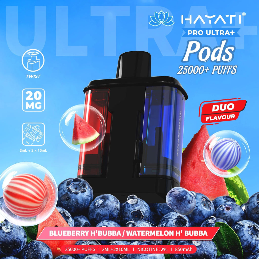 Hayati Pro Ultra+ Pods packaging with blueberries and watermelon slices on a blue background
