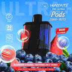 Hayati Pro Ultra+ Pods packaging with blueberries and watermelon slices on a blue background