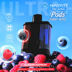 Vape pod with blueberry and raspberry flavor on a blue background, featuring Hayati branding.