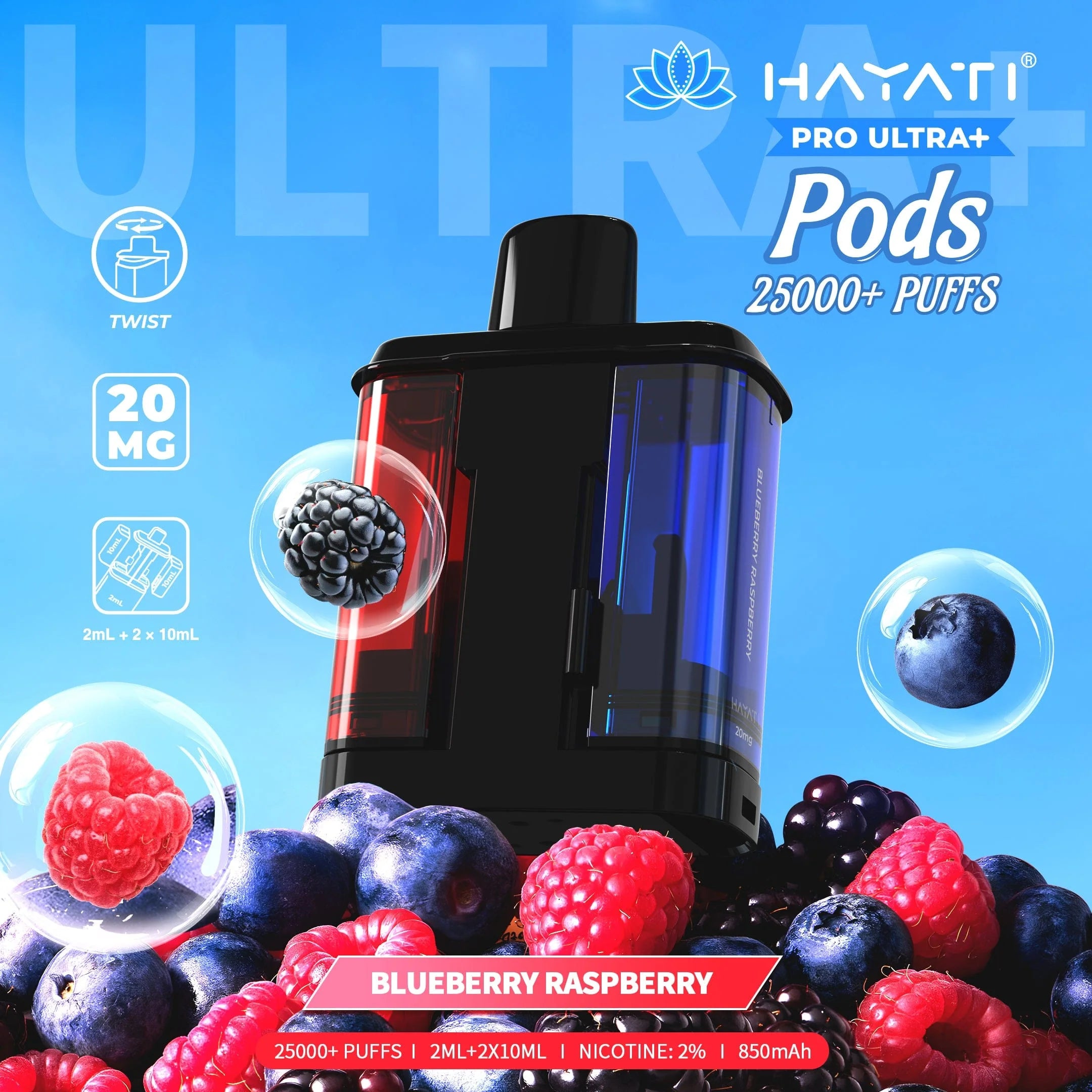 Vape pod with blueberry and raspberry flavor on a blue background, featuring Hayati branding.