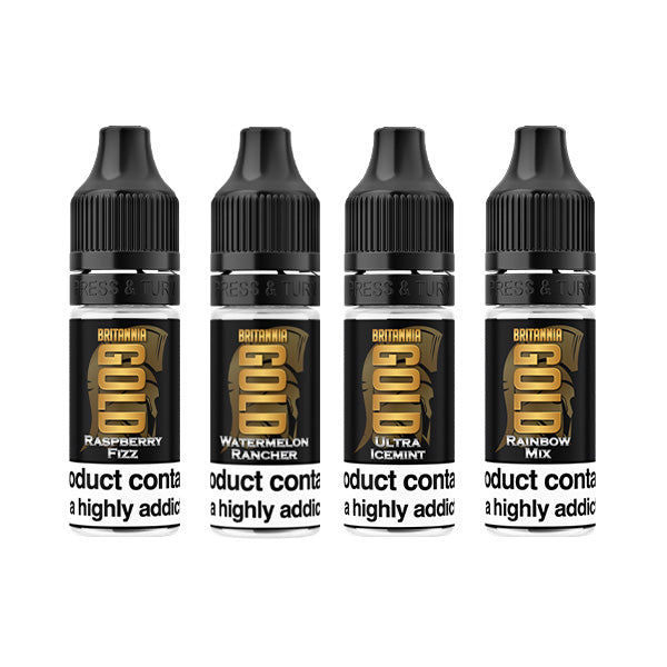 Britannia Gold vape juice bottles in assorted flavours