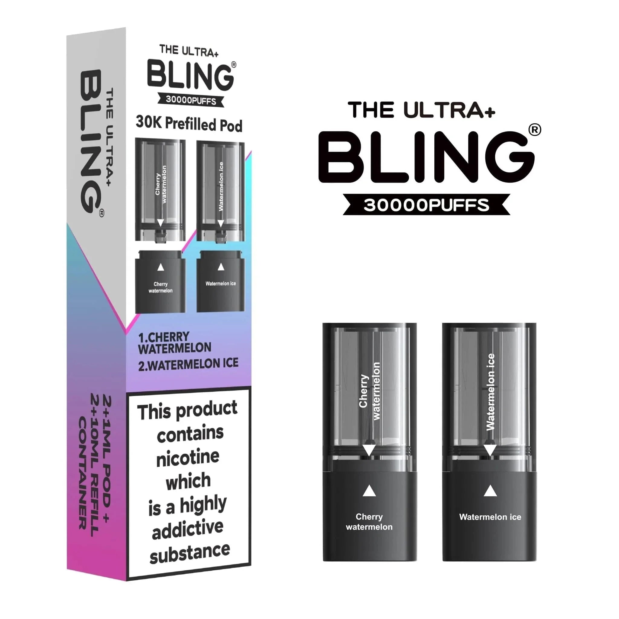Bling vape pods packaging with product details on a white background