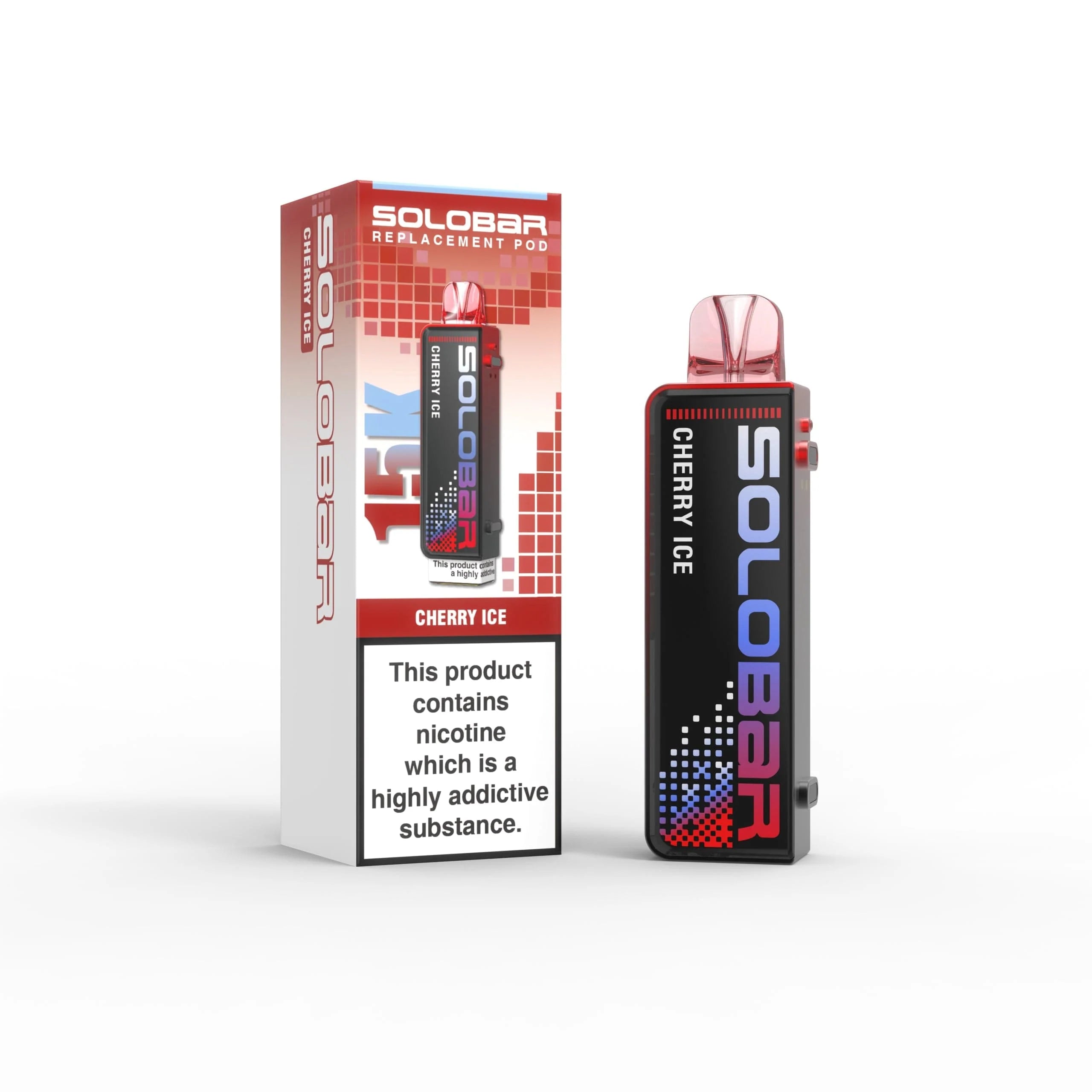 Solorbar vape device and packaging on a white background