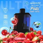 Vape pod with cherry berry flavor surrounded by fruits on a blue background, featuring Hayati branding.
