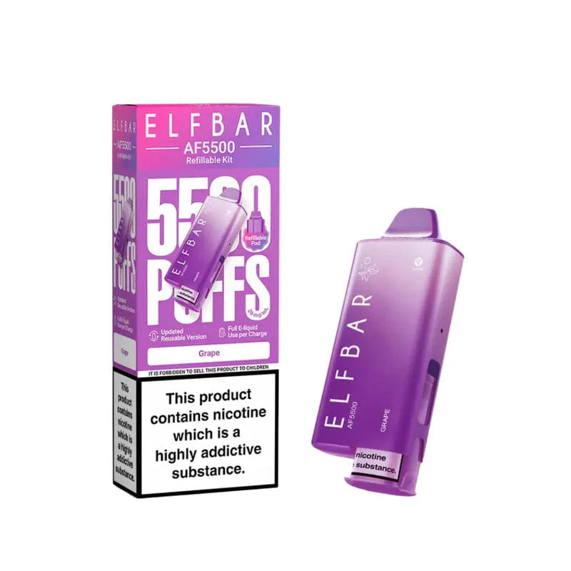 Purple Elf Bar AF5500 vape device and packaging on a white background