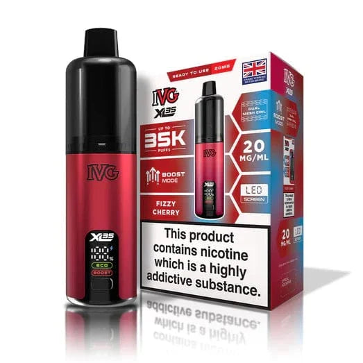 Red and black IVG vaping device with packaging on a white background