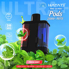 Vape pod with mint leaves on a blue and green background, featuring the brand 'Hayati'.