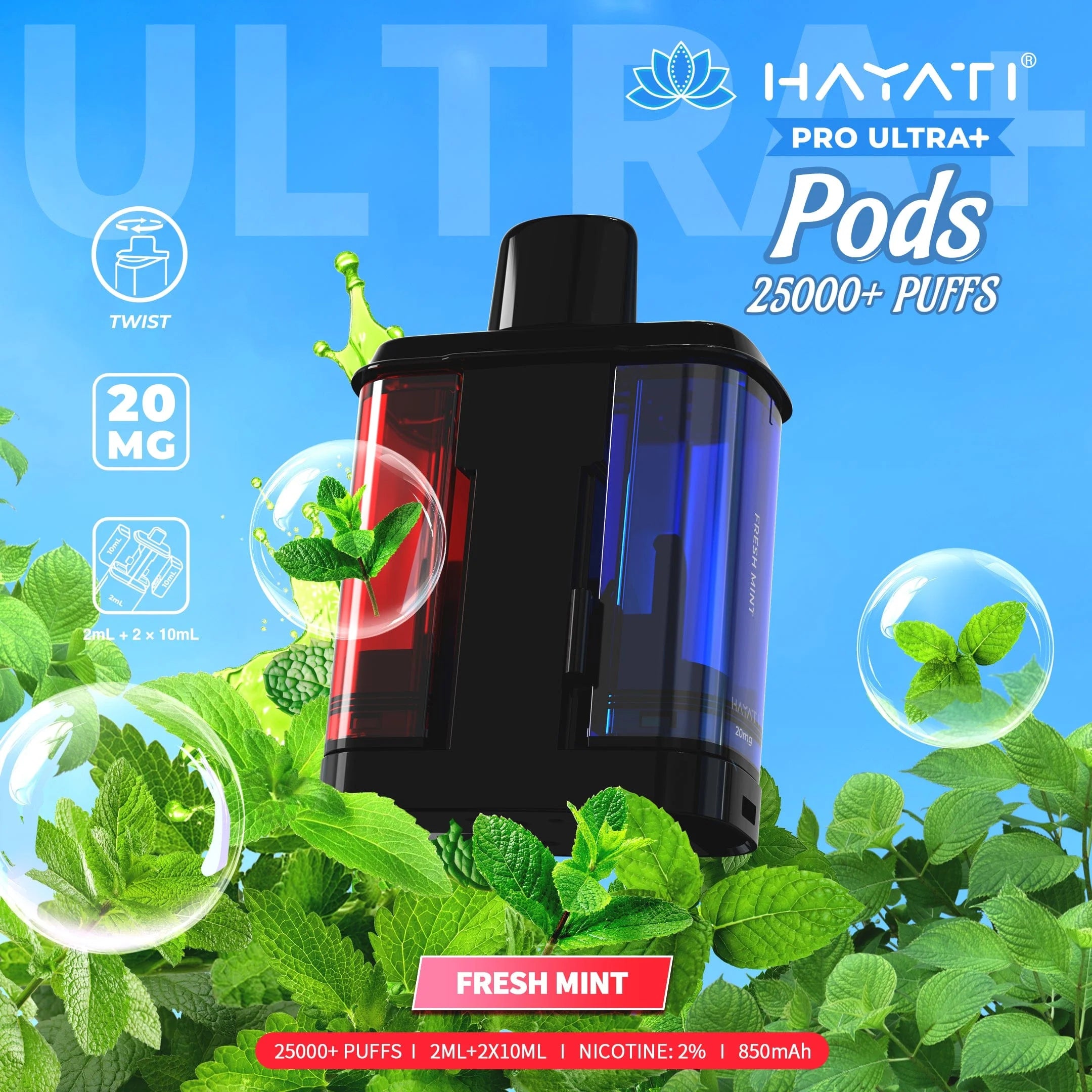 Vape pod with mint leaves on a blue and green background, featuring the brand 'Hayati'.